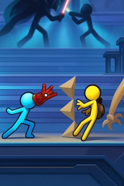 A stickman with a red glove is about to hit a stickman with a yellow glove.